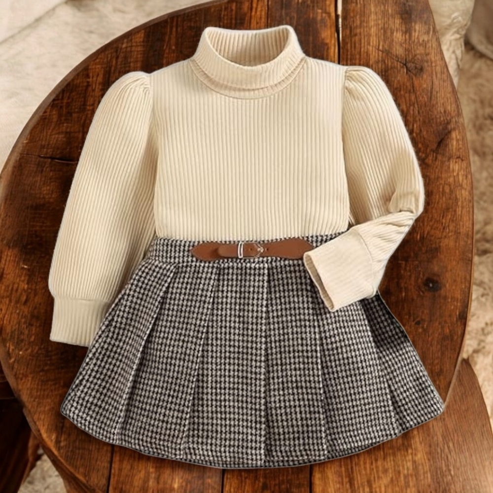 Toddler Girl Trendy Ruffled Ribbed Long-sleeve Tee and Plaid Skirt, NWT